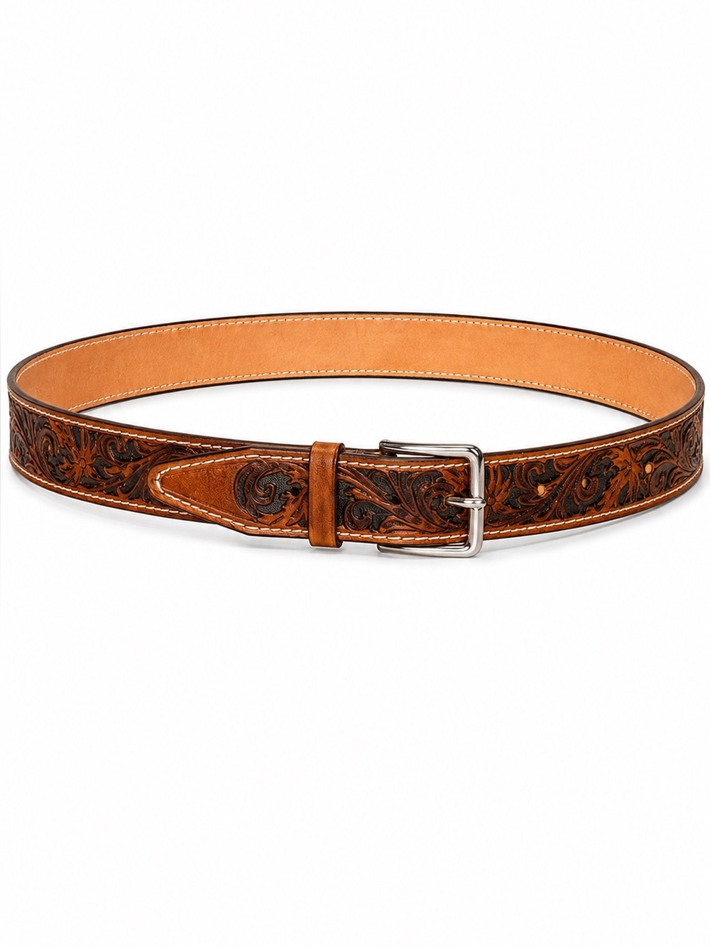 Tooled Leather Floral Belt - Brown Tan handmade